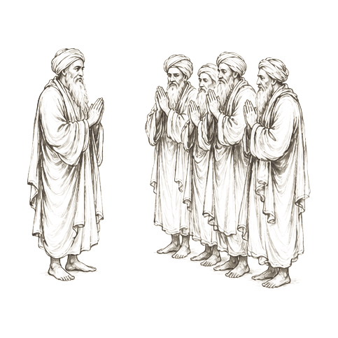 Sumi-e ink brushwork of a robed teacher and a small group of elders standing in mutual greeting with palms joined, alone in empty space