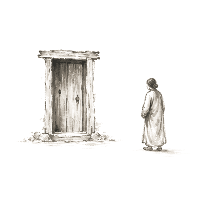 Sumi-e ink brushwork of a weathered doorway with a small human figure nearby, alone in empty space