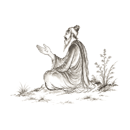 Sumi-e ink brushwork of a seated robed sage with one hand raised in calm explanation, his open palm bearing small marks, alone in empty space