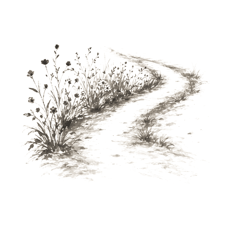 Sumi-e ink brushwork of a path with wildflowers blooming along one side and bare earth on the other, alone in empty space