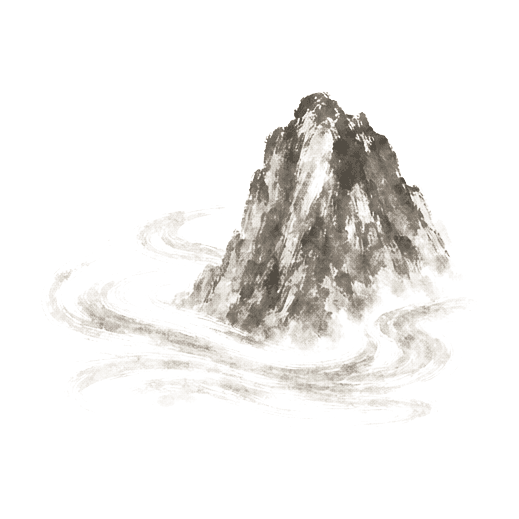 Sumi-e ink brushwork of a sweeping wind passing around the base of a great unmoved mountain, alone in empty space