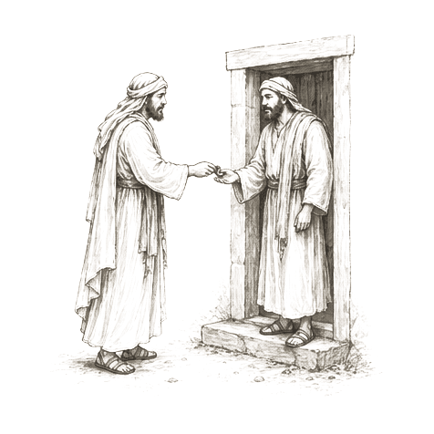 Sumi-e ink brushwork of two robed figures at the doorway of an inn, one extending a small object into the other’s hand