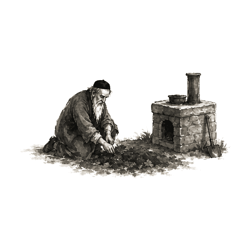 Sumi-e ink brushwork of a robed figure kneeling beside a small stone stove, hands in fresh-turned earth, alone in empty space