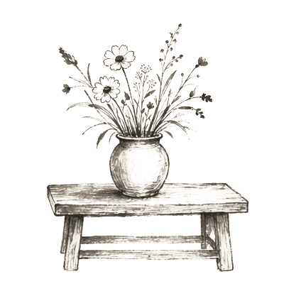 Sumi-e ink brushwork of a small simple jar of cut wildflowers on a low wooden table, alone in empty space