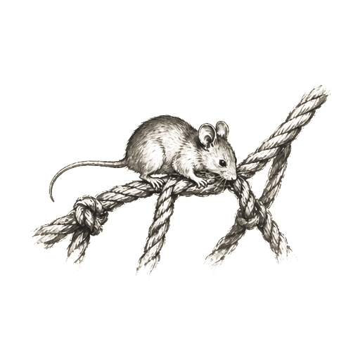 Sumi-e ink brushwork of a small mouse perched on the strands of a thick rope net, mouth pressed to the rope