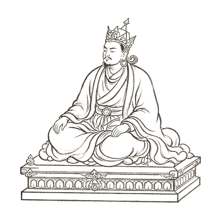 Sumi-e ink brushwork of an enthroned king alone, hands resting on his knees, eyes lowered in calm silence