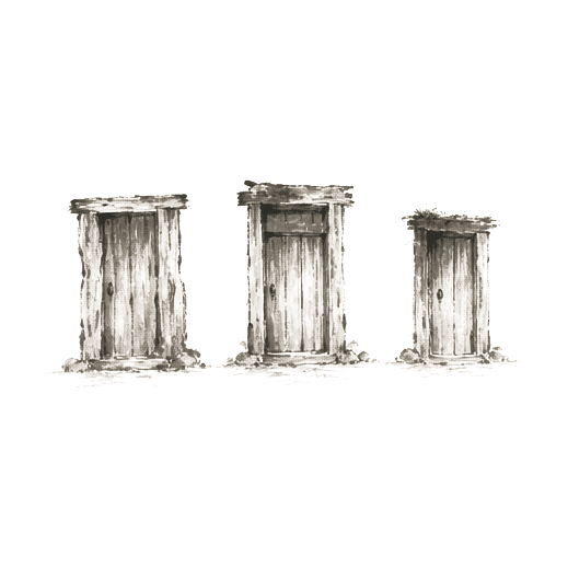Sumi-e ink brushwork of three small wooden doors in a row, each slightly different in form and weathering, distantly arranged