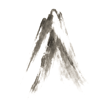 Sumi-e ink brushwork of a single tall mountain rendered in two or three confident brushstrokes, alone in empty space