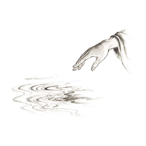 Sumi-e ink brushwork of a hand extended once more into rippling water