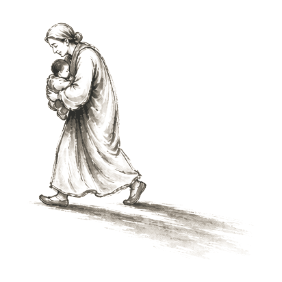 Sumi-e ink brushwork of the same mother walking in the long shadows of evening, still holding the child, exhausted