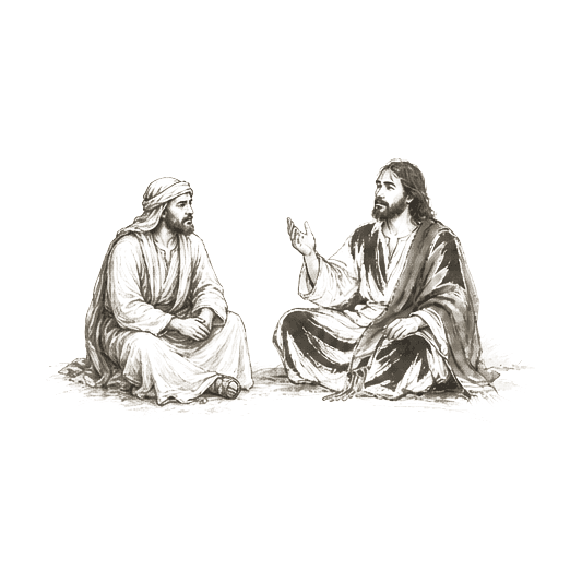 Sumi-e ink brushwork of a seated robed teacher gesturing with an open hand toward another seated listener, both calm, alone in empty space