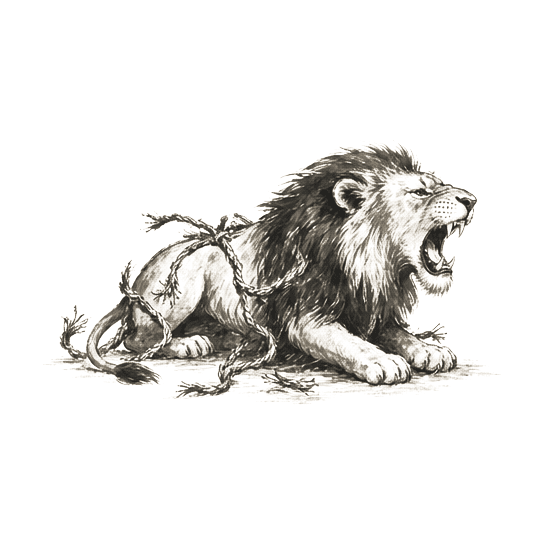 Sumi-e ink brushwork of a lion with broken strands still around its body, alone in empty space