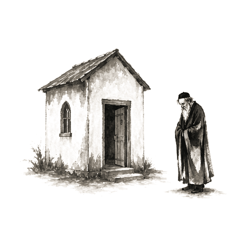 Sumi-e ink brushwork of a small humble prayer house with a lone small figure nearby