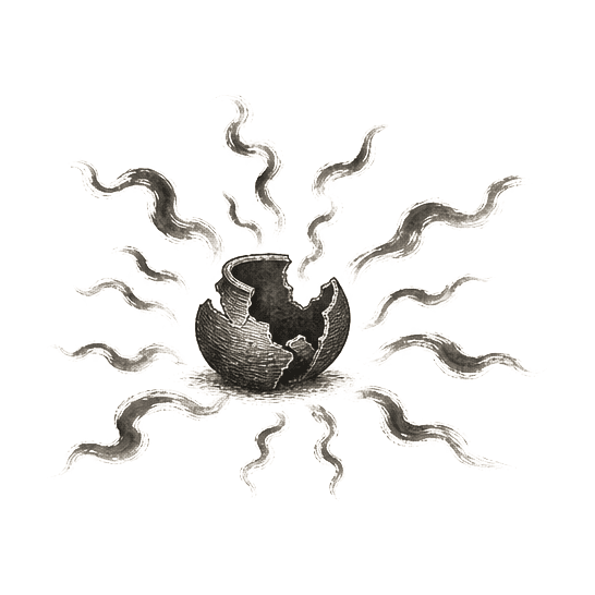 Sumi-e ink brushwork of small wisps of mist scattering outward in many directions from a broken pot, alone in empty space