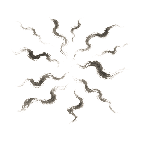 Sumi-e ink brushwork of many elongated wisps drifting in every direction across open empty space