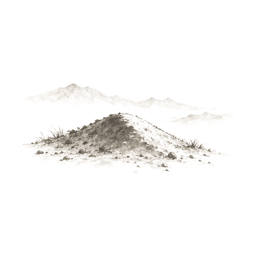 Sumi-e ink brushwork of a small fresh mound of earth alone on a hillside, no figures, quiet
