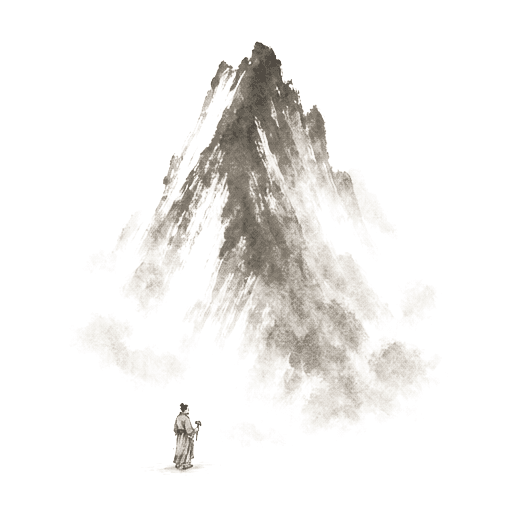 Sumi-e ink brushwork of the great peak of a mountain above a small stonecutter figure far below, dramatic vertical composition